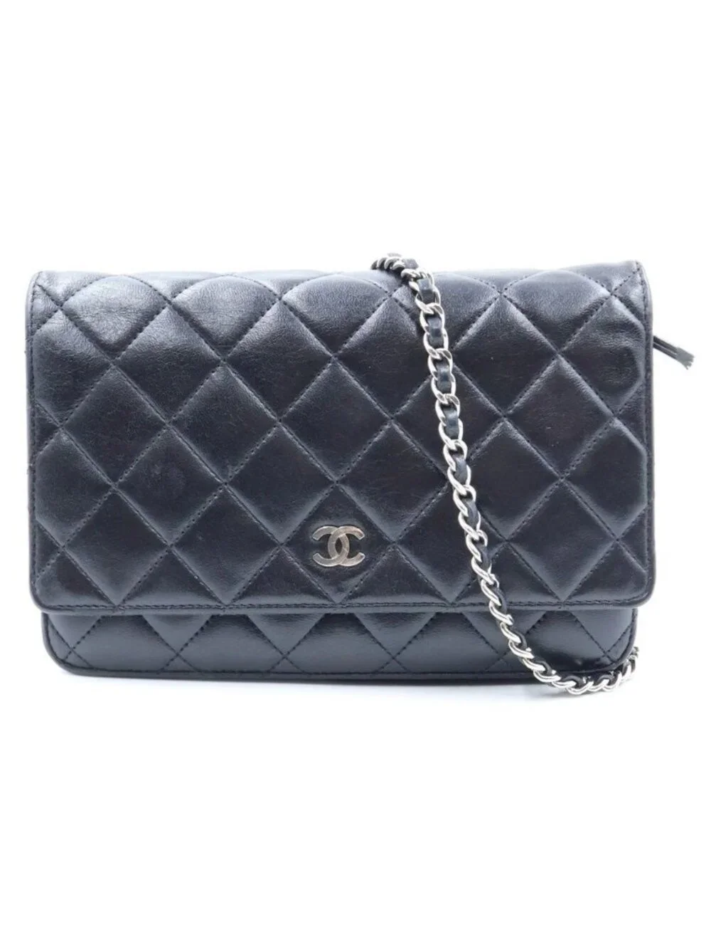 Chanel Quilted Chain Wallet Shoulder Bag Black Lambskin a Silver